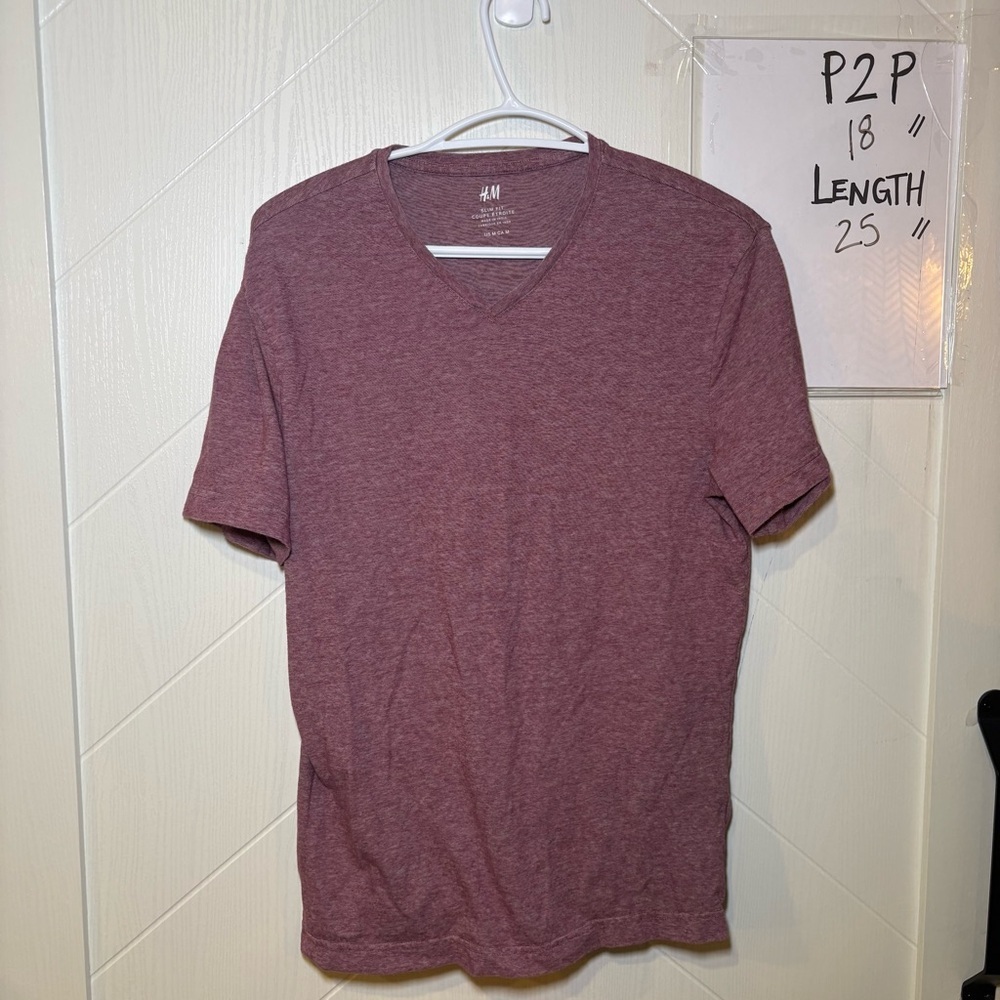 H&M Men's Slim Fit V-Neck T-Shirt Burgundy Heather Short Sleeve Basic Tee Medium